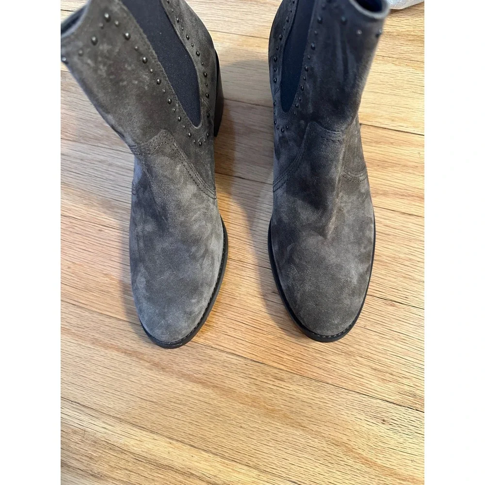Paul Green Taupe Suede Studded Chelsea Ankle Boots Block Heel Pointed Toe 7.5